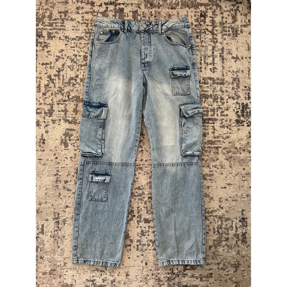 BoohooMAN Mens Light Wash Denim Cargo Jeans Multi Pocket Streetwear Blue US 34